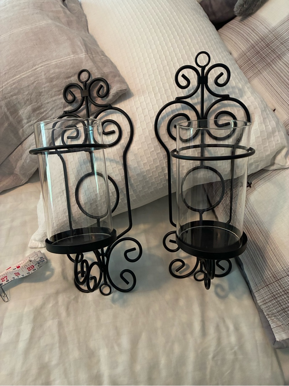 Black Scroll Metal Glass Hurricane Candle Holders - Set of 2